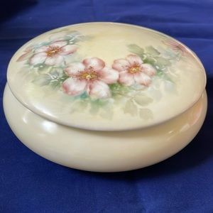 Large vintage hand painted porcelain powder jar trinket box 8.25” Apple blossom